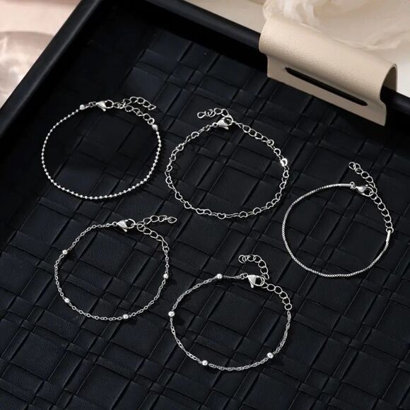 5 Stainless Steel Link Bracelets Set Group Heart Bead Multi Layer Adjustable NWT - Picture 4 of 5